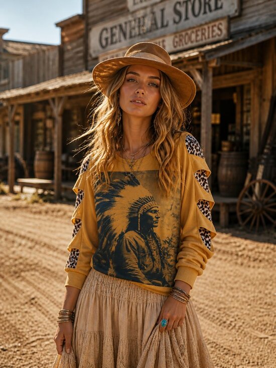 T-shirt Hatman's Originals luxury Tee Tops - Long-Sleeve Graphic Tee Indian Profile in Yellow with Leopard Print